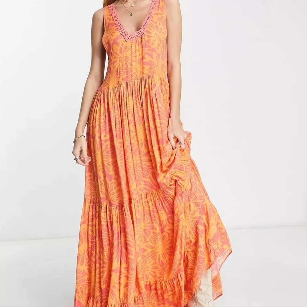 Intimately Free People Tiers For You Printed Maxi Dress Orange Floral NEW